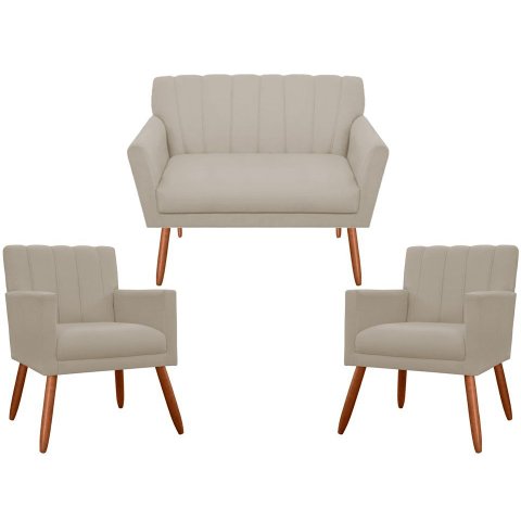 Kit Namoradeira + 2 Poltronas Decorativa Cecília Suede Bege Pés Madeira Mz Decor