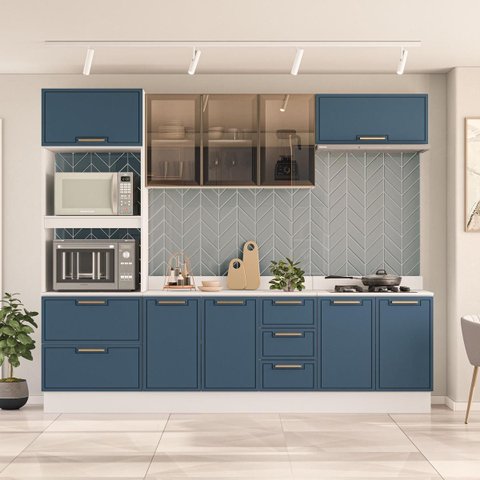 Cozinha Amara Armários Aéreos Porta Vidro Torre Quente Balcões Tampo Rodapé Branco/Azul 250782