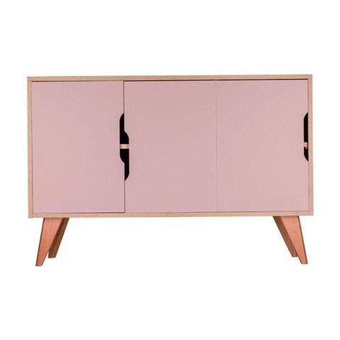 Aparador Buffet Murano Moderno 3 Portas MDP 115cm Carvalho e Rosa Claro Mercado Das Prateleiras