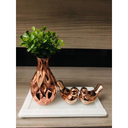 Kit Decoração Sala Vaso Cerâmica Bandeja Vidro Enfeite Mesa: Rose com Branco - 1
