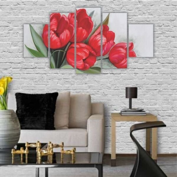 Quadros Decorativos Mosaico MDF Floral Flores Buquê de Tulipas Vermelhas 115x60cm - 3