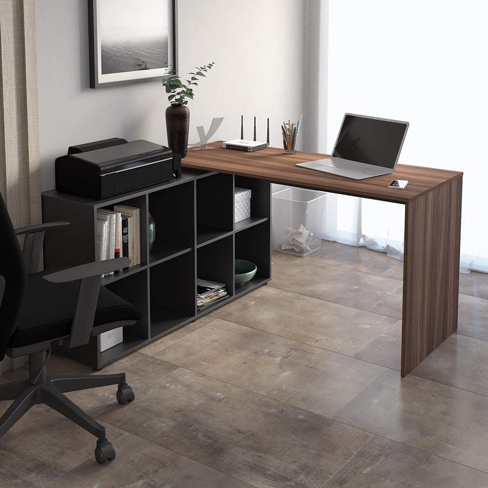 Mesa de Computador em L 8 Nichos Delaware Ipê Preto | MadeiraMadeira