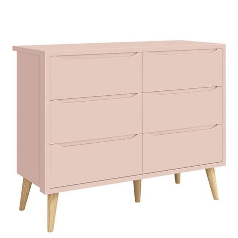 Cômoda Retrô Theo 6 Gavetas com Kit Pé em Madeira Natural - Rosa
