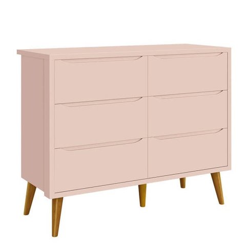 Cômoda Retrô Theo 6 Gavetas com Kit Pé Madeira – Rosa