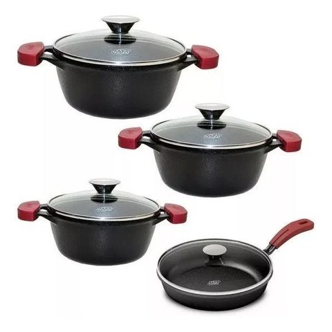 Conjunto Jogo Panelas Ferro Fundido 4 Peças Tampa Vidro Mta