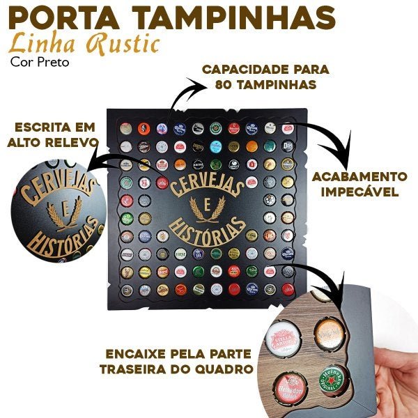 Porta Tampinhas Quadro Decorativo Para Sala Área de Festas Churrasqueira Cervejas e Histórias Preto - 4