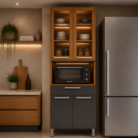 Paneleiro Torre Quente para Cozinha MDF com Portas de Vidro Burguesa Freijó/Cinza - Nesher