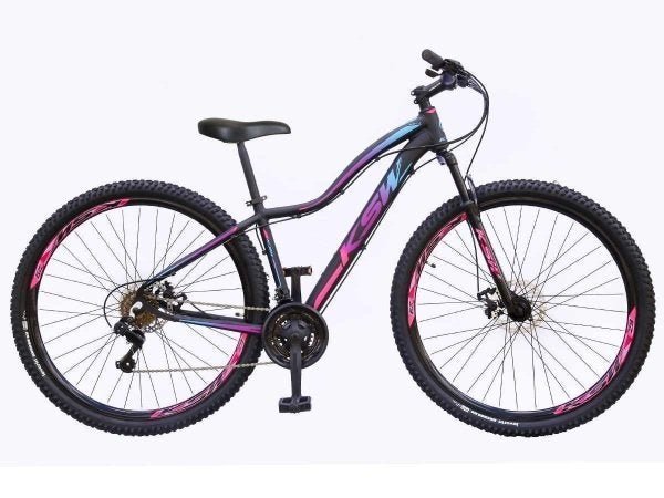 Bicicleta Aro 29 Ksw Mwza Alumínio 21v Feminina Freio a Disco Garfo Suspensão Preto/Pink/Azul Tam.15