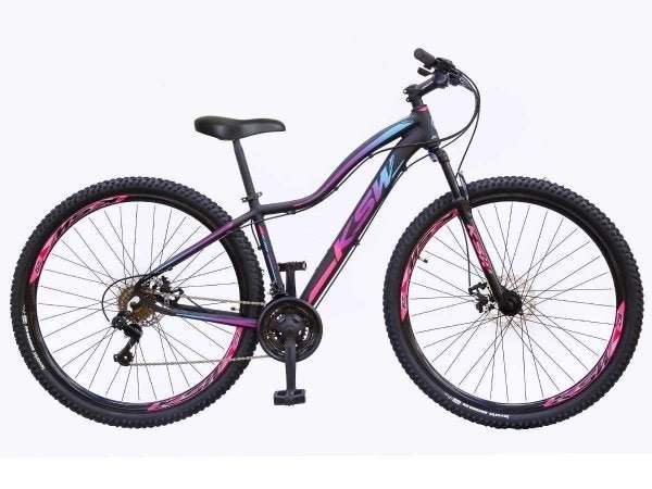 Bicicleta Aro 29 Ksw Mwza Alumínio 21v Feminina Freio a Disco Garfo Suspensão Preto/Pink/Azul Tam.17