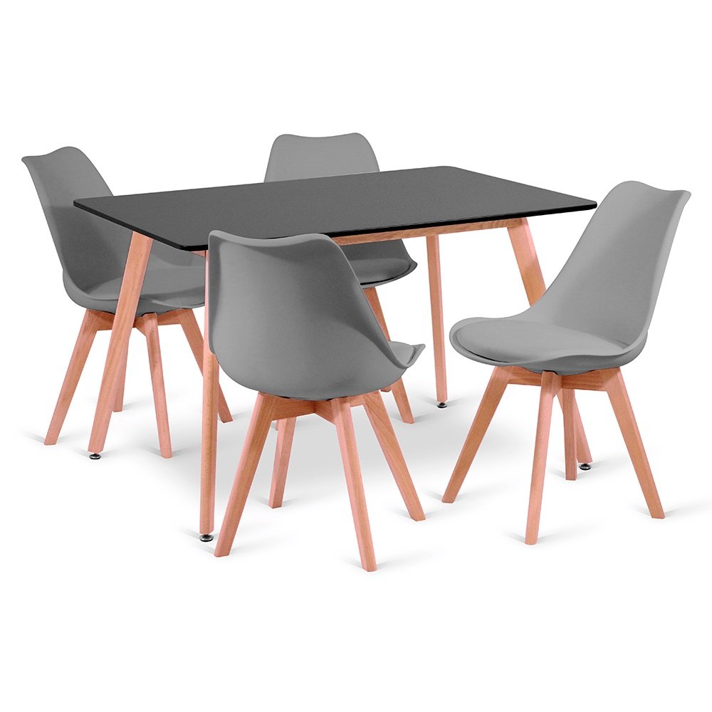 Conjunto Leda Eames Mesa Preta 120x80cm e 4 Cadeiras Cinza