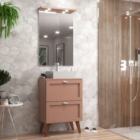 Gabinete para Banheiro com Tampo Cuba e Espelheira Organica 60cm Retro Mdf Rosa Milano - On Móveis