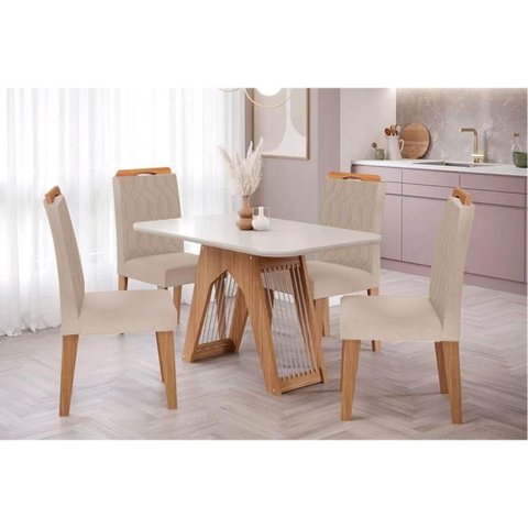 Conjunto: Mesa de Cozinha Carol Tampo Madeirado C/ Vidro 130x80cm e 4 Cadeiras Paola Savana/nature-