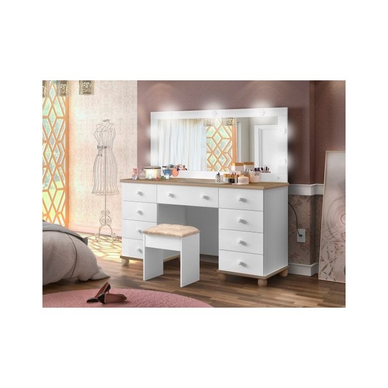 Penteadeira Camarim 9 Gavetas Potente com Led Branco/Amêndoa:Marrom-Claro