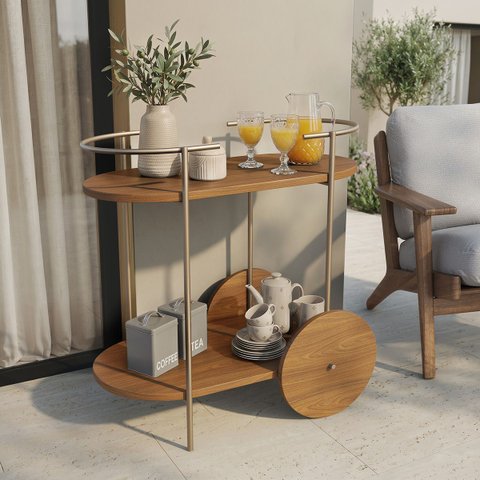 Carrinho Bar Multiuso Orla para Bebidas, Café, Bar, com Design Orgânico em Metal Dourado