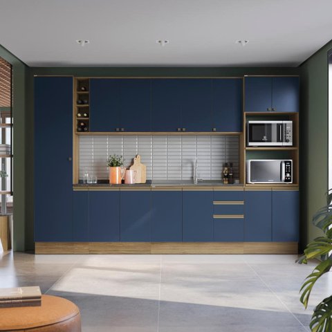 Cozinha Modulada Celeste Kappesberg 100% Mdf Nogueira/azul 340cm