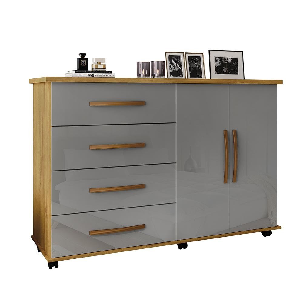 Cômoda Quarto Bali com 4 Gavetas 2 Portas e Rodízios Cinza/mel