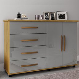 Cômoda Quarto Bali com 4 Gavetas 2 Portas e Rodízios Cinza/mel - 2