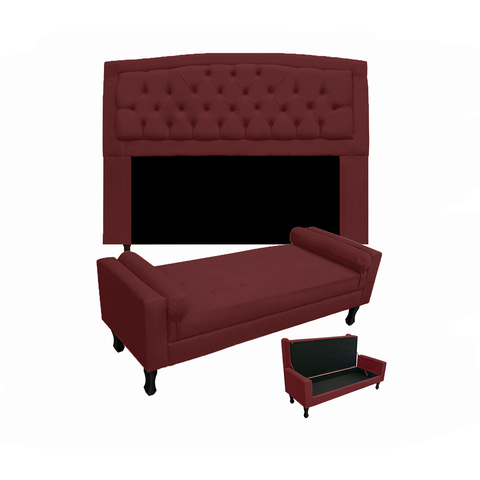 Jogo Cabeceira Geovana + Calçadeira Fênix Casal 140cm Suede Vermelho Bordo