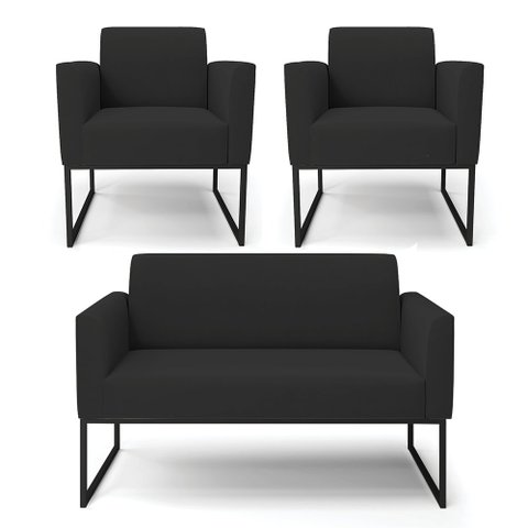 Sofá Namoradeira com 2 Poltronas Base Industrial Preto Marisa Veludo Preto D03 - D'Rossi