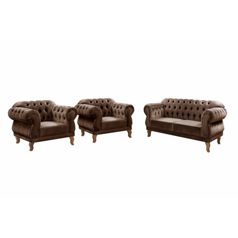 Kit Namoradeira Duquesa Chesterfield 2 Lugares + 2 Poltronas Decoração Sala Recepção - Veludo Marrom