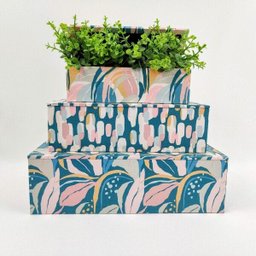 Caixa Decorativa Azul E Rosa 30/25/20cm Folhagem Kit 3pc - 3