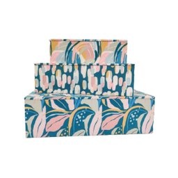 Caixa Decorativa Azul E Rosa 30/25/20cm Folhagem Kit 3pc - 1