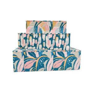 Caixa Decorativa Azul E Rosa 30/25/20cm Folhagem Kit 3pc