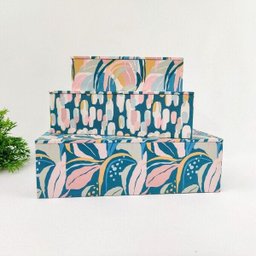 Caixa Decorativa Azul E Rosa 30/25/20cm Folhagem Kit 3pc - 2