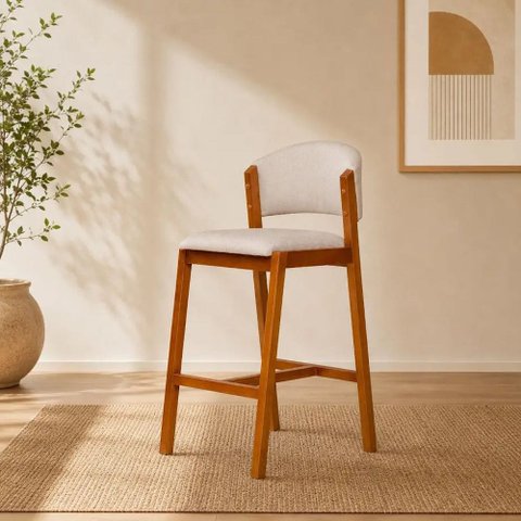 Banqueta Alta Premium Madeira Maciça Escoto Estofada Linho Bancada Área Gourmet Movellu Home