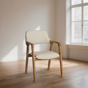 Cadeira de Jantar Ruth Estrutura em Madeira Maciça Design Retrô Contemporâneo Linho Bege