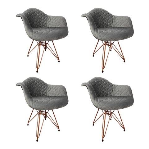Kit 4 Poltronas Jantar Eames Eiffel Estofadas Cinza Base Cobre