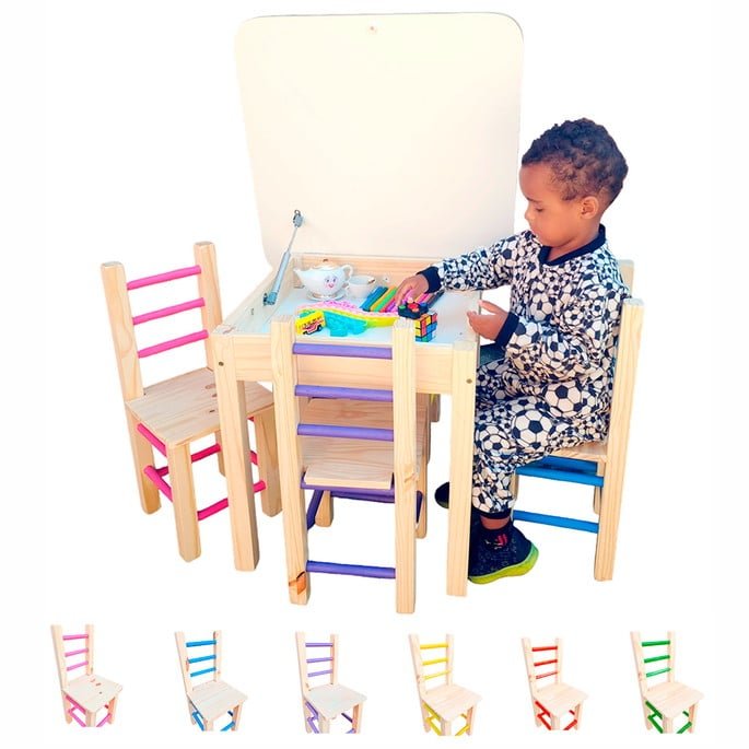 Conjunto de Mesa Baú com 4 Cadeiras Colorida Infantil de Madeira Maciça Resistente