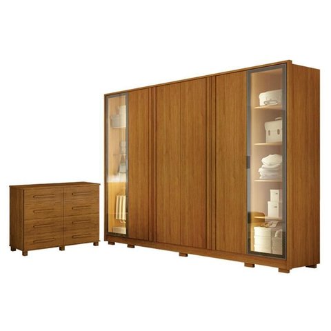 Guarda Roupa Casal Prime 6 Portas com Led Cinamomo com Cômoda San Marino 8 Gavetas Cinamomo – Leifer