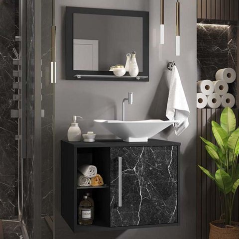 Gabinete com Espelheira para Banheiro Vila Roma 1 Porta 1 Prateleira MDP 60cm Preto Fosco