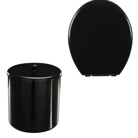 Assento Vaso Sanitário Oval Almofadado Preto + Lixeira Redonda Preta 6l com Tampa