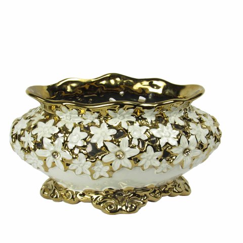 Centro de Mesa em Porcelana Branca e Dourada - 15x30x18cm - Detalhes Antigos: Centro de Mesa de Luxo