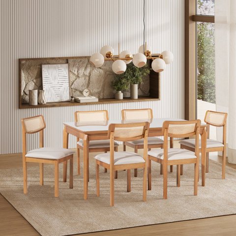 Conjunto Sala de Jantar 1 Mesa 160cm Tampo Laminado com Vidro e 6 Cadeiras Encosto Tela Florença Beg