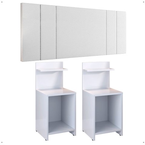 Kit Quarto 2 Mesinhas Branco Prateleira Nicho Cabeceira Suspensa Cama Box Casal 1,40 Corino - Rpm