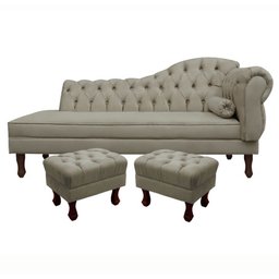 Divã Recamier Namoradeira Larissa 185cm com Capitonê - Esquerda + 02 Puffs Retrô Suede - 1