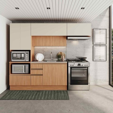 Cozinha Modulada 4 Peças com Armários, Balcão e Torre Quente Aroeira CabeCasa MadeiraOriginals Marrom/Cinza Sereno/Cedro