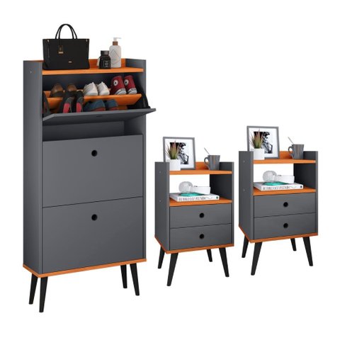 Kit Sapateira Vertical 3 Gavetas Basculantes 2 Mesinhas Canto Quarto Nicho Decorativo Cinza/Cinamomo