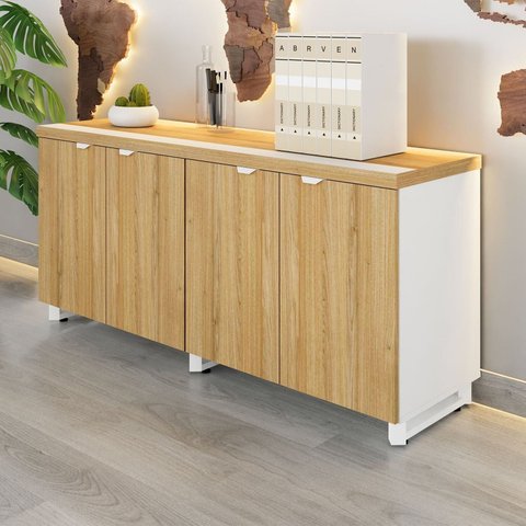 Armário Baixo para Escritório 158cm Duplo com 4 Portas Puxadores Metálicos Corporate Marrom/Macadâmi