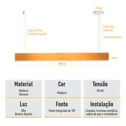 Lustre Madeira Retangular Linear Led Integrado 98cm -snk 04 - 6
