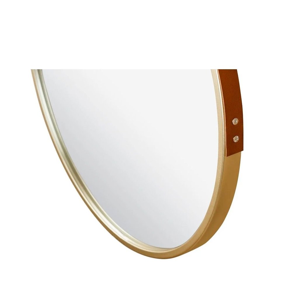 Espelho Adnet Emoldurado Redondo Decorativo Dourado 60cm Alça Marrom - 4