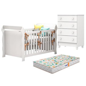 Berço Americano Lara e Cômoda Gaveteiro Mel Flat Branco Brilho com Colchão Gazin – Carolina