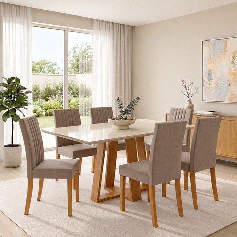 Conjunto Sala de Jantar Mesa Lisa 160cm Tampo de Vidro Canto Reto 6 Cadeiras Lily