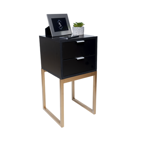 Mesa de Cabeceira Industrial Preto Eco 30cm com 2 Gavetas Base Dourada - Enviamos Montado