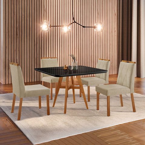 Conjunto Sala de Jantar Mesa Atenas Madeira Maciça 90x90cm Tampo Quadrado Vidro Preto com 4 Cadeiras