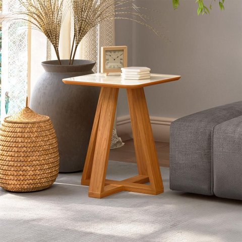 Mesa de Canto Auxiliar Quadrada 45cm x 45cm 100% MDF Dalla Costa Cor:Off White com Freijó
