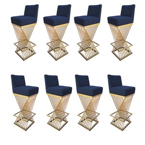 Kit 08 Banquetas Luma Base de Ferro Sued Azul Marinho - D'classe Decor